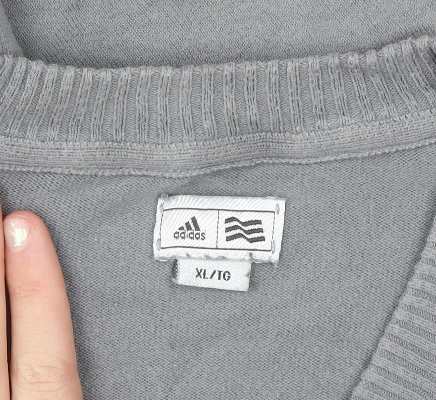 Adidas Mens Grey XL V-Neck Cotton Knit Pullover Jumper