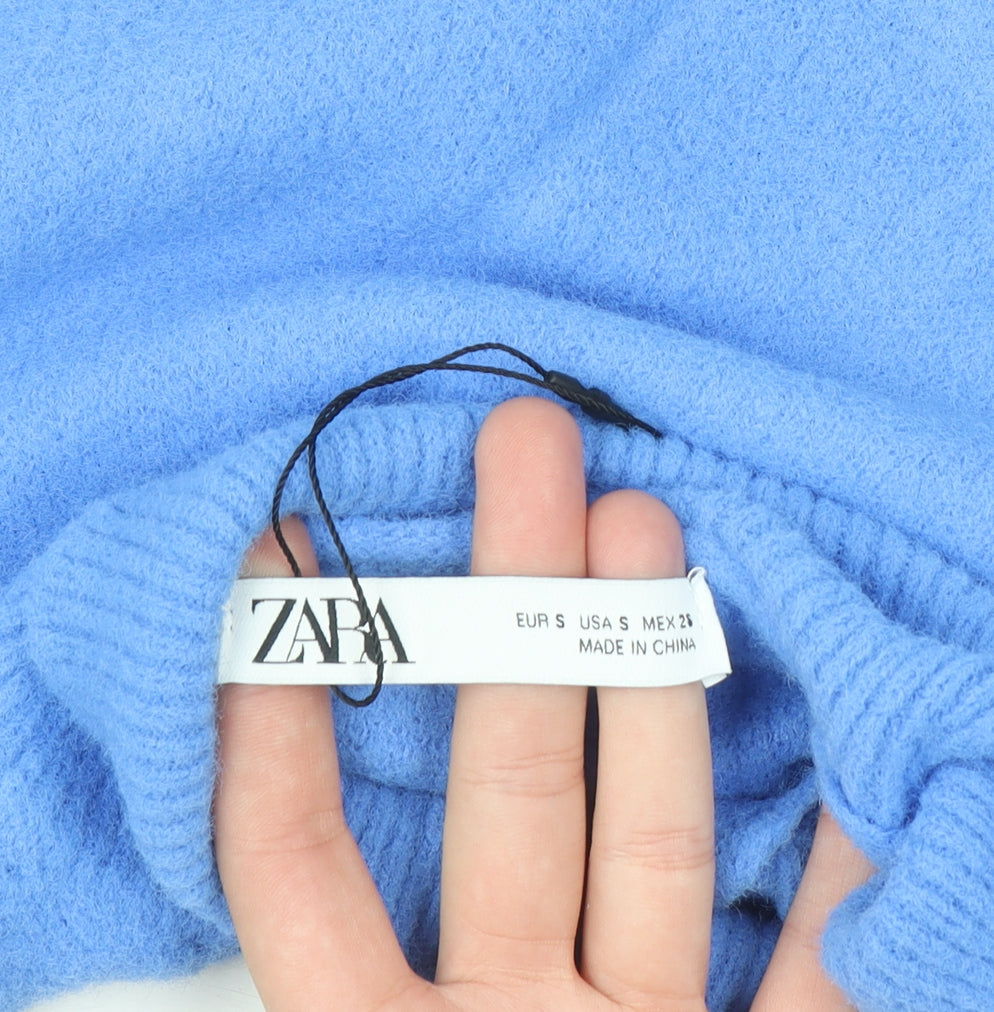 Zara Women's Blue Mock Neck Cropped Jumper Size S Viscose Blend