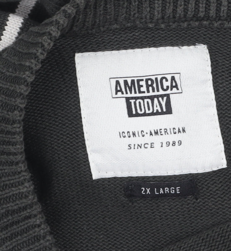 America Today Mens Grey Striped Cotton Crew Neck Jumper 2XL
