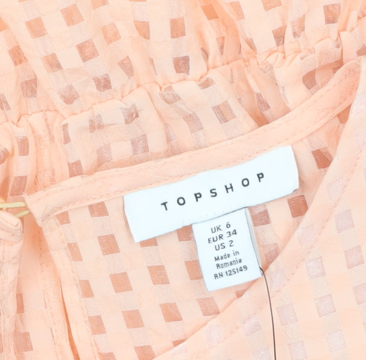 Topshop Women’s Peach Check Puff Sleeve Tunic Blouse UK 6