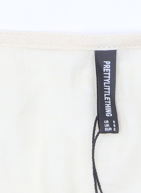 PRETTYLITTLETHING Women's Beige Cropped Puff Sleeve Blouse Size S