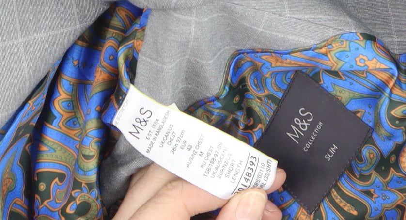 Marks & Spencer Men's Grey Checked Slim Fit Blazer 38R Wool Mix