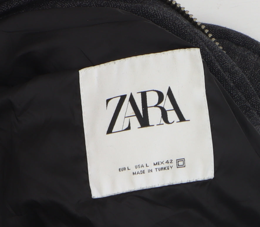 Zara Men's Black Hooded Puffer Jacket Size L Regular Fit Winter Coat