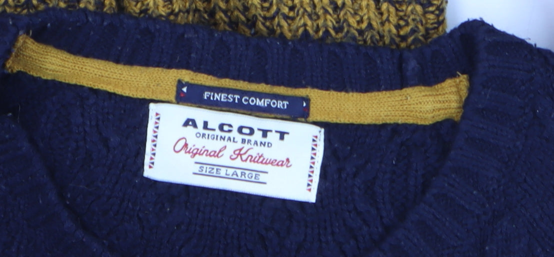 Alcott Men's Blue Yellow Chunky Cable Knit Crew Neck Jumper Size L