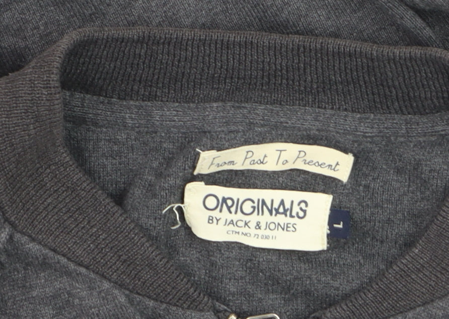 Jack & Jones Mens Grey Full Zip Cotton Jumper Size L