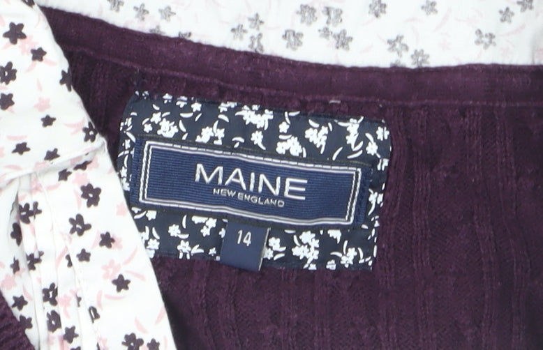 Maine New England Women's Purple Cable-Knit V-Neck Cotton Jumper Size 14