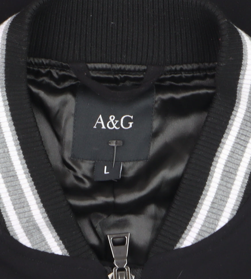A&G Men's Black Bomber Jacket L Lined Full Zip Mid-Length