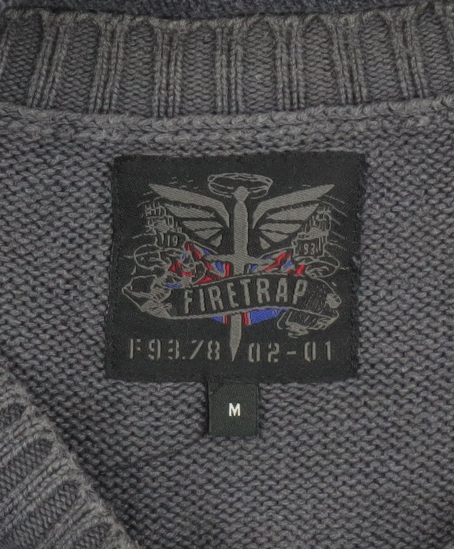 Firetrap Men's Grey Cotton Acrylic Crew Neck Button Jumper M