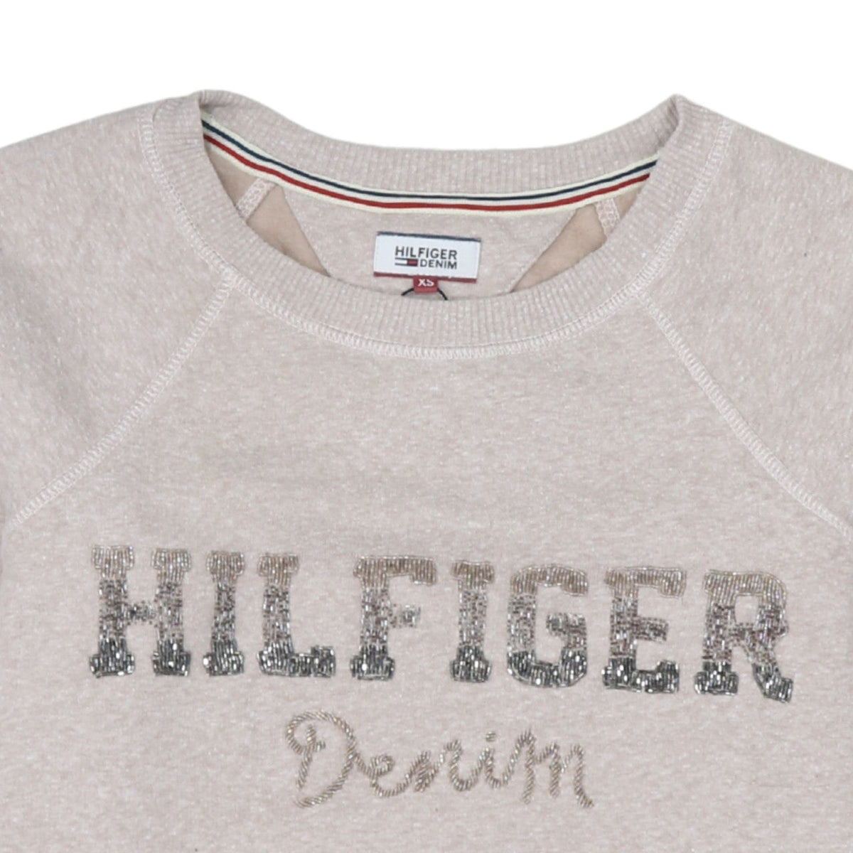 Tommy Hilfiger Denim Womens Beige XS Sequin Logo Pullover Sweatshirt