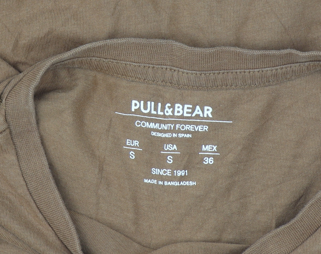 Pull & Bear Men's Brown Cotton Crew Neck Short Sleeve T-Shirt Size S
