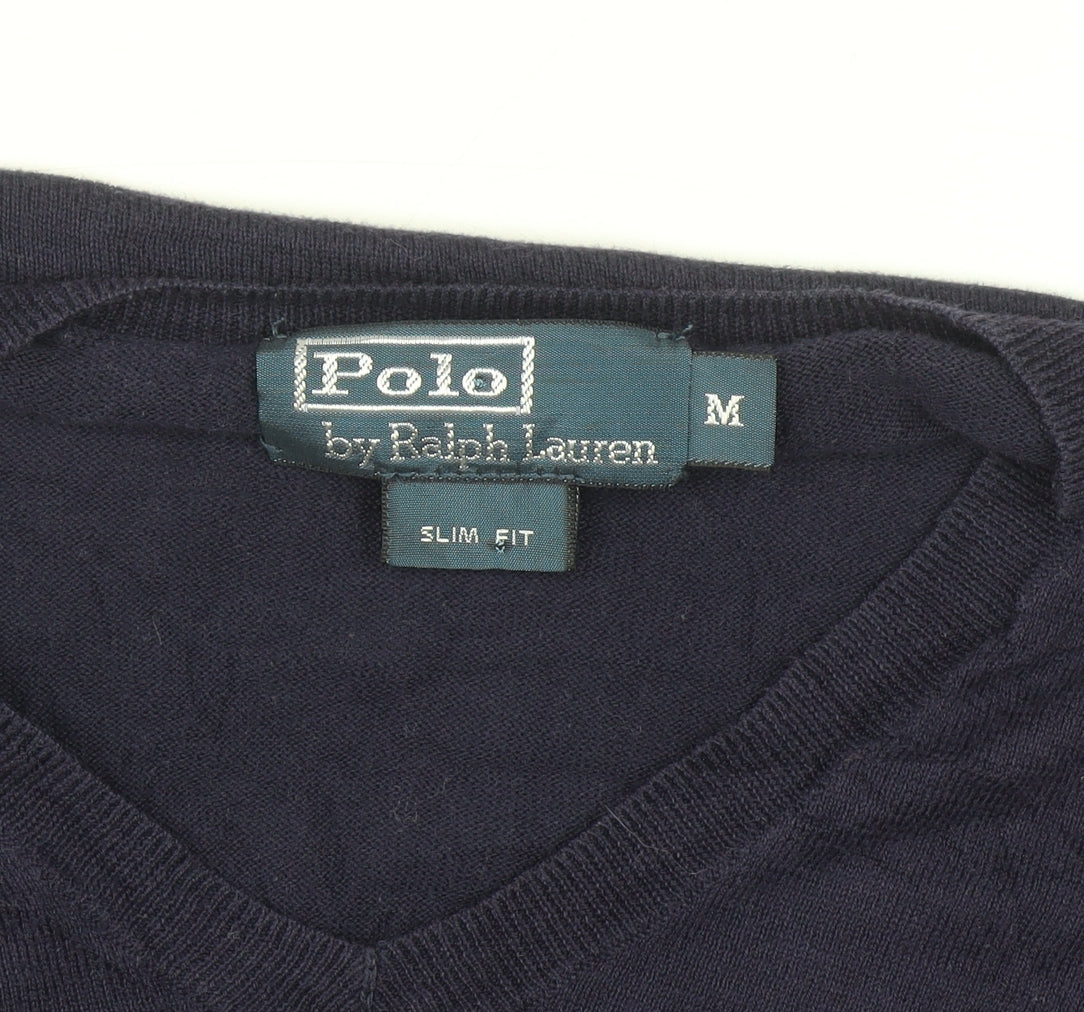 Ralph Lauren Men's Blue V-Neck Slim Fit Cotton Jumper M