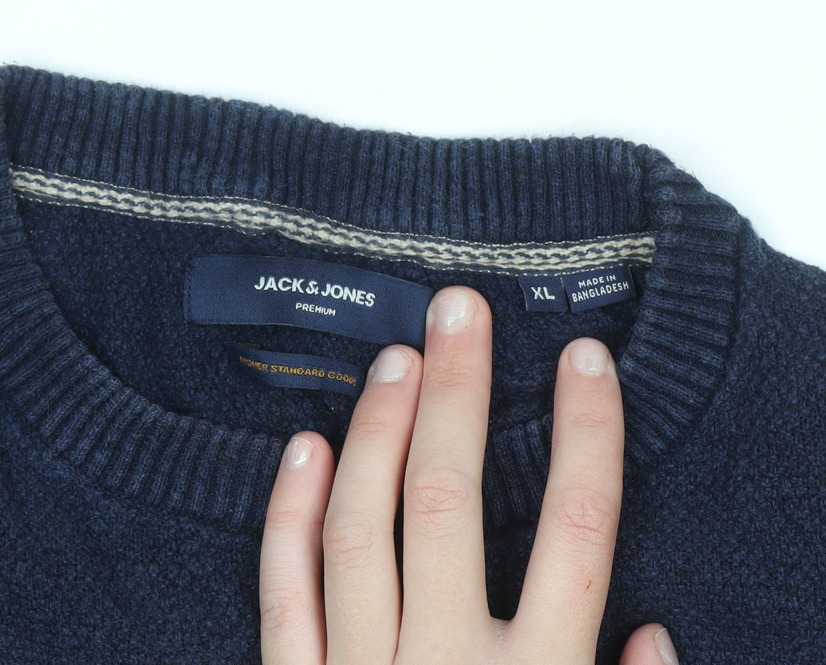 Jack & Jones Mens Blue XL Cotton Linen Crew Neck Jumper