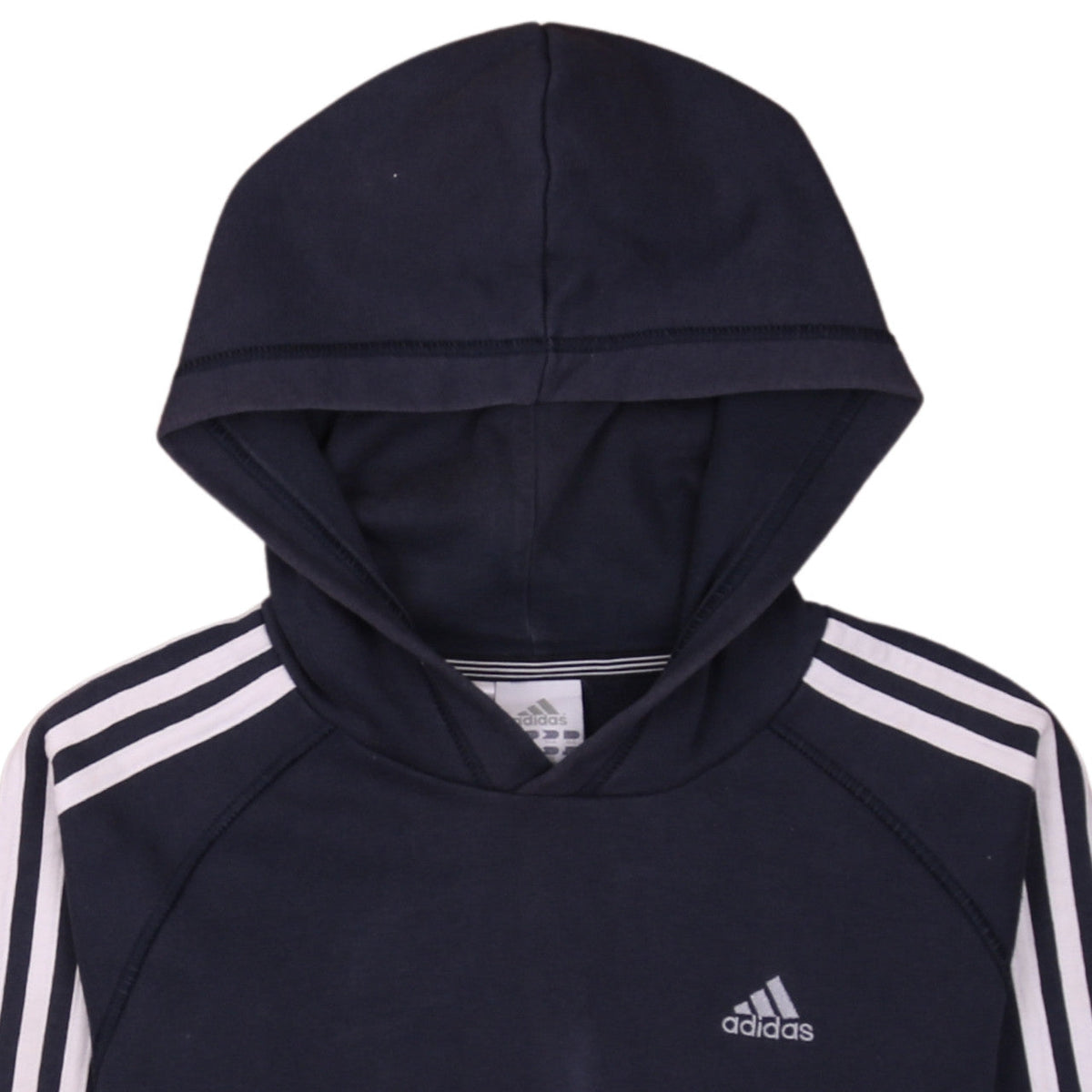 Brand and care label for Adidas boys’ navy blue pullover hoodie l performance essentials