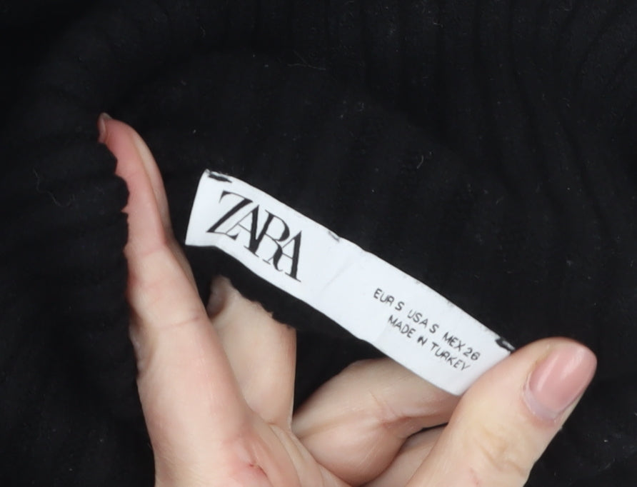Zara Women Black Roll Neck Cropped Ribbed Knit Jumper Size S