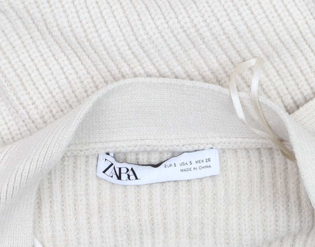 ZARA Women Beige Belted Rib Knit Long Sleeve Cardigan S