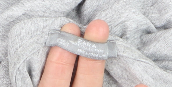 Zara Women Grey V-Neck Relaxed Knit Long Sleeve Top L