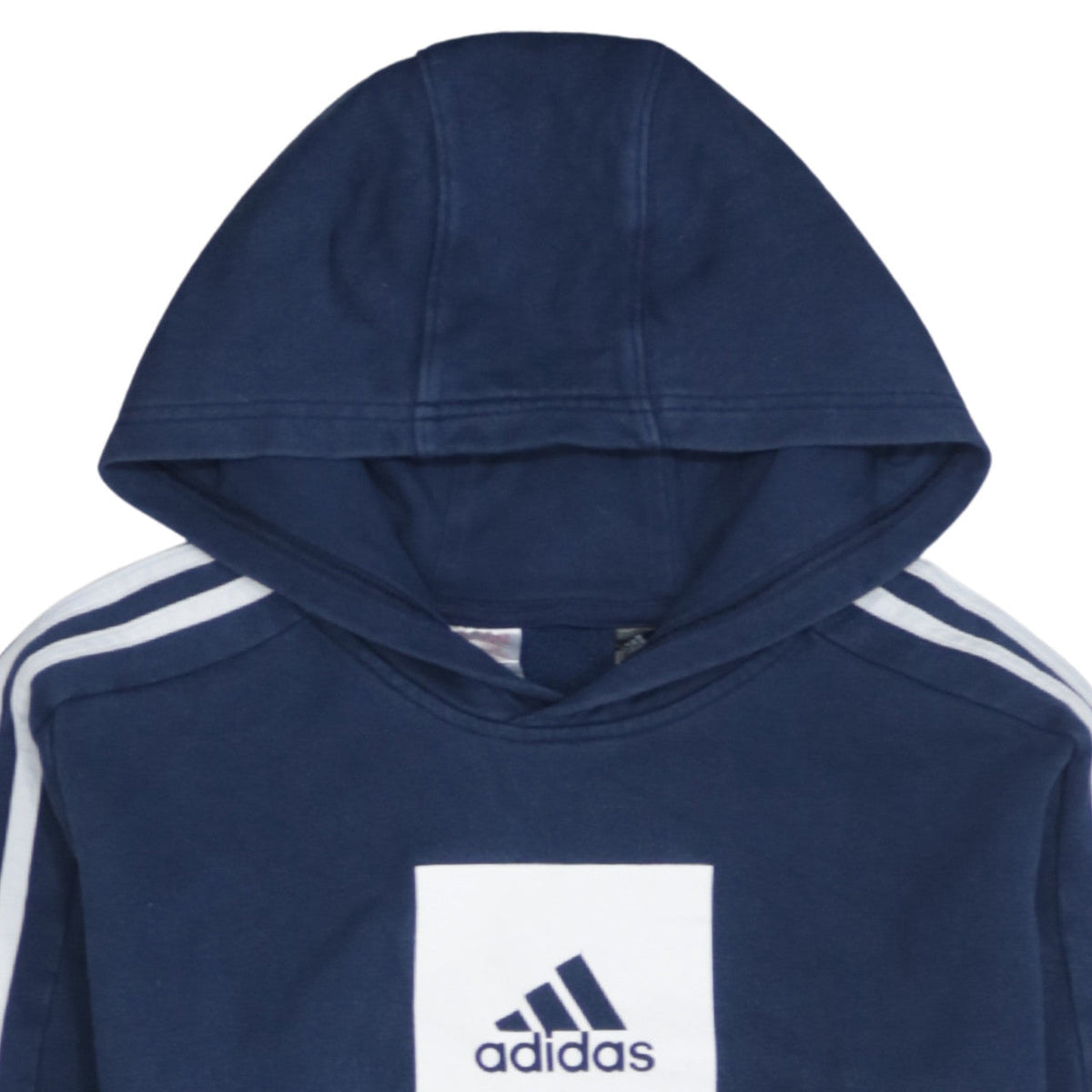 Adidas Boys Blue Pullover Hoodie with Logo and Striped Sleeves - Size 12-13 Years