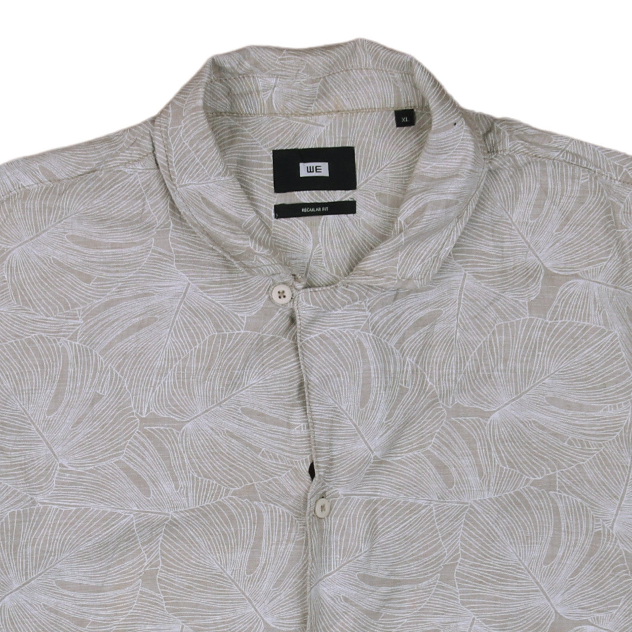 WE Men’s Beige Regular Fit Band Collar Short Sleeve Linen Cotton Shirt XL