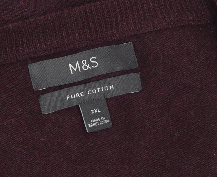 Marks and Spencer Men’s Brown 2XL V-Neck Cotton Pullover Jumper