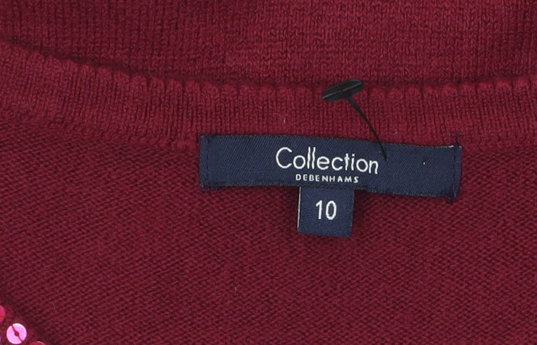 Debenhams Women Red Sequin Crew Neck Short Sleeve Jumper Size 10