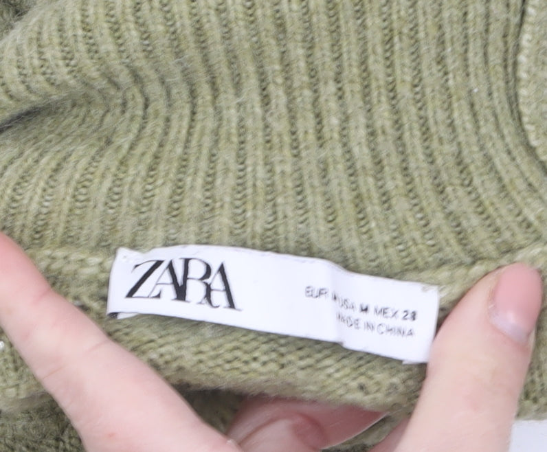 Zara Women Green Roll Neck Beaded Cable-Knit Jumper Size 12