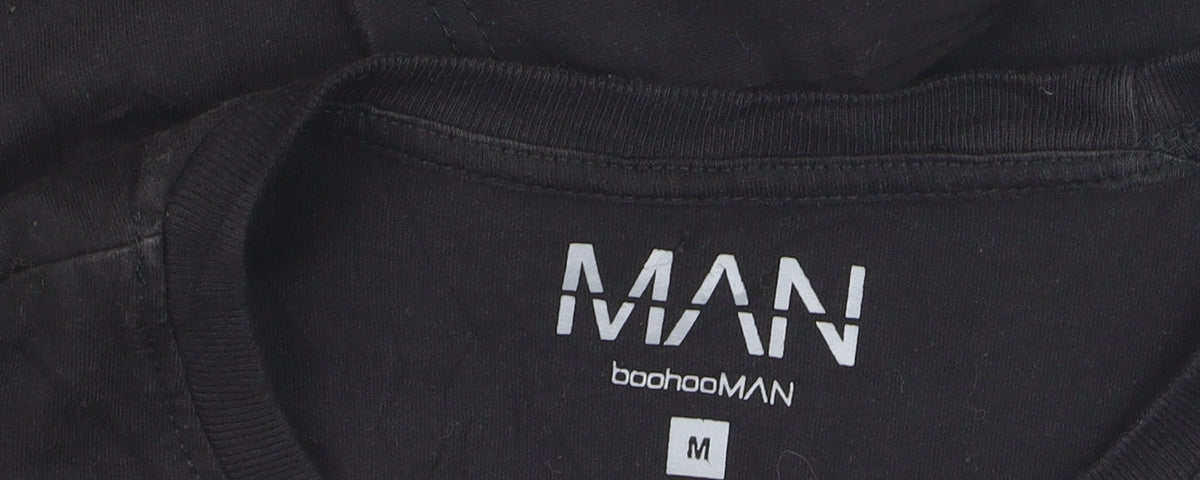 boohooMAN Men's Black Crew Neck Embroidered Script T-Shirt Size M