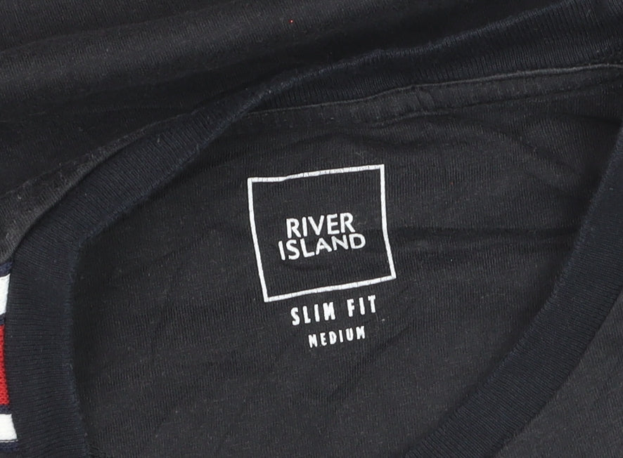 River Island Men's Black Slim Fit Crew Neck Bee Embroidered T-Shirt Size M