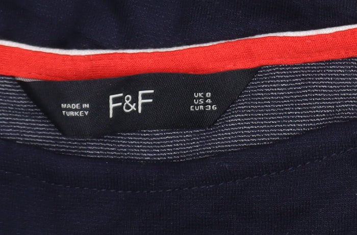 F&F Women Navy Striped Long Sleeve Tunic Top Size 8 Viscose Blend