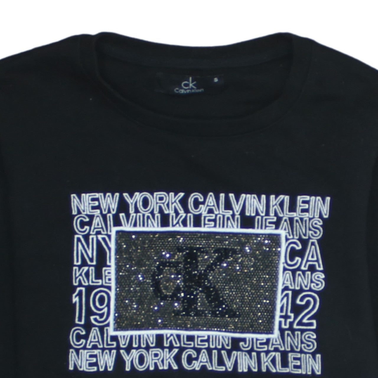 Calvin Klein Womens Black Small Pullover Sweatshirt Rhinestone Logo