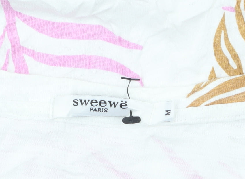 Sweewe Paris Women's White Pink Leaf Print Cotton T-Shirt Size M