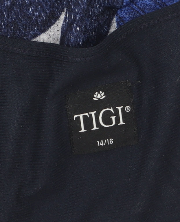 TIGI Womens Blue Floral Leaf Print Short Sleeve T-Shirt Size 14