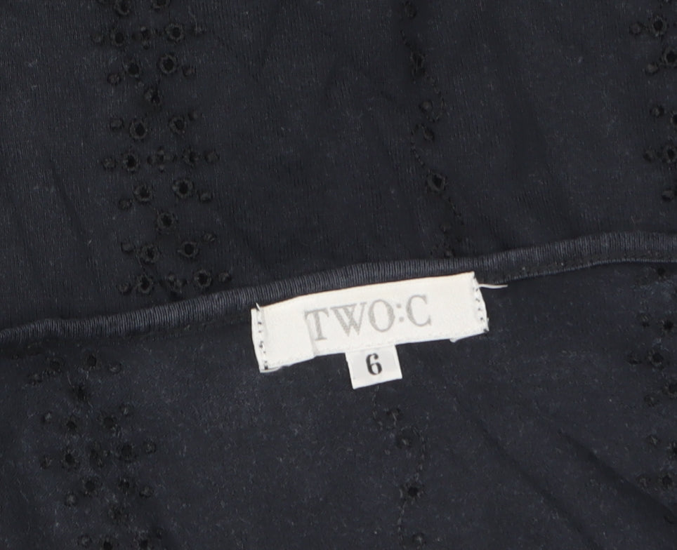 TWO:C Womens Black Embroidered Cotton Short Sleeve Blouse Size 6