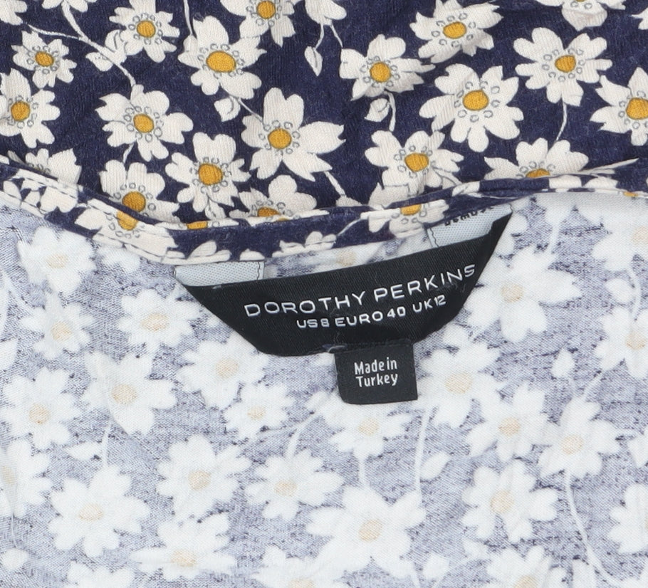 Dorothy Perkins Women's Blue Floral Tie Front Short Sleeve Blouse Size 12