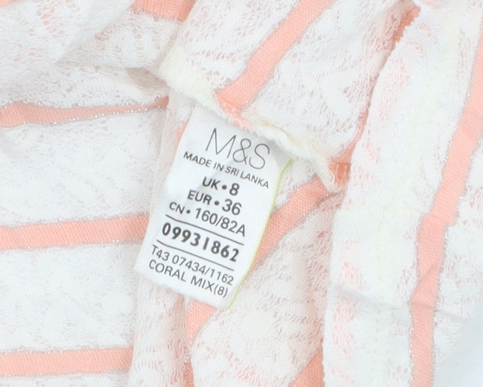 Marks & Spencer Women’s Coral Stripe Boat Neck Lace T-Shirt Size 8