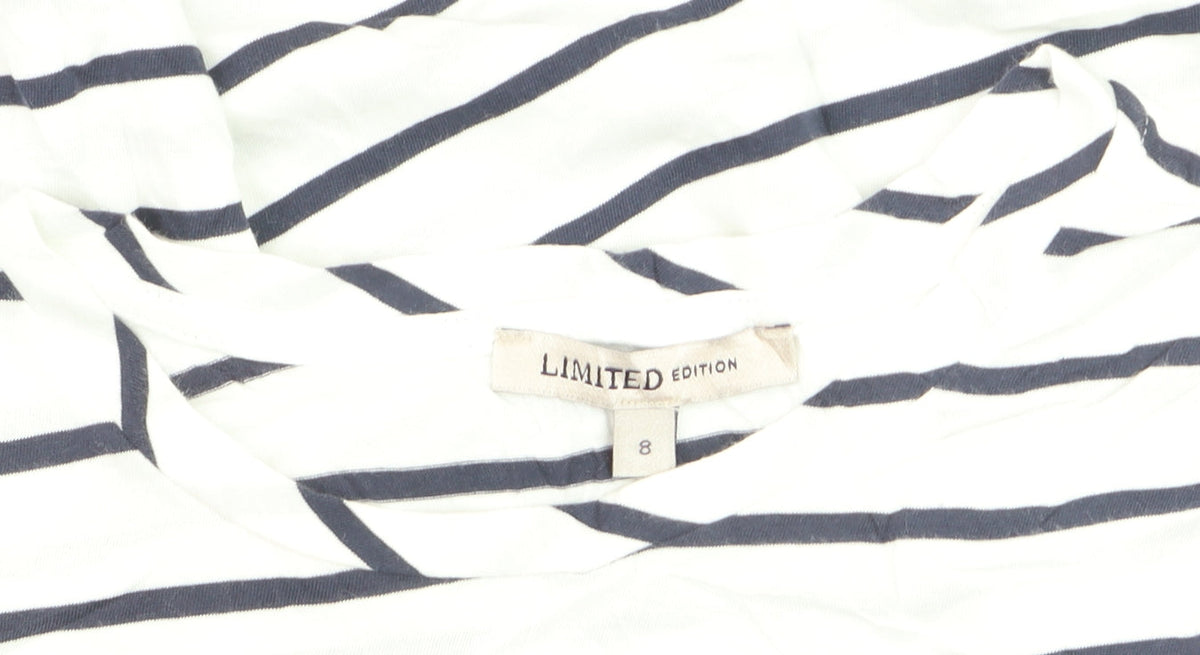 Marks & Spencer Womens White Striped Beach Print Cotton T-Shirt Size 8