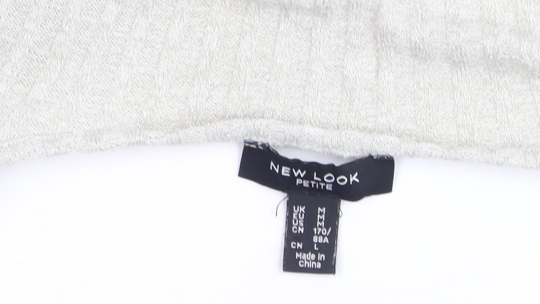 New Look Petite Grey Ribbed Tie Front Cropped Long Sleeve Top Size M