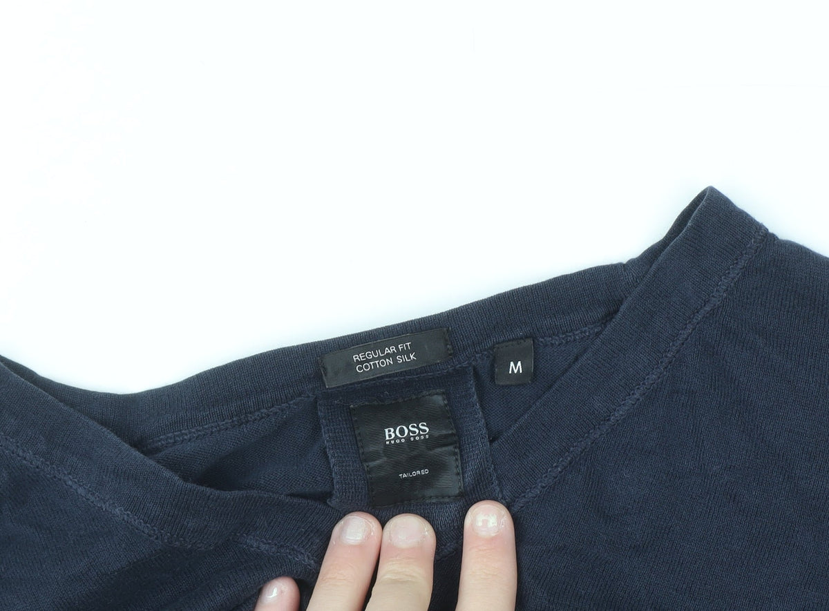 BOSS Mens Blue V-Neck Cotton Silk Regular Fit Jumper M