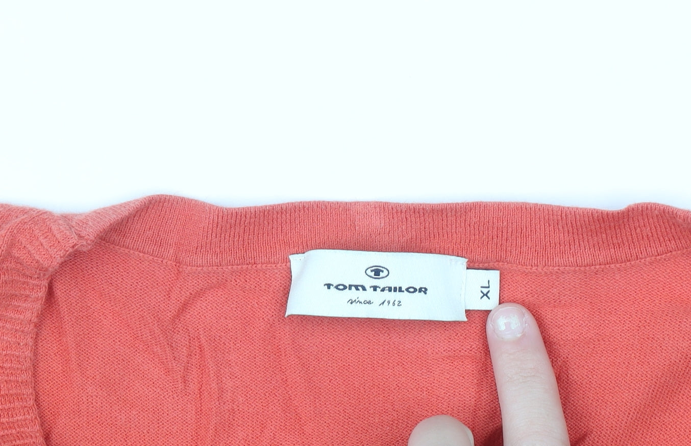 Tom Tailor Women Coral Cardigan XL V-Neck Ruffle Long Sleeve Cotton Knit