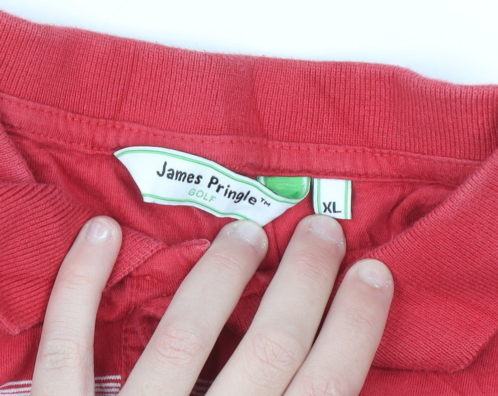 James Pringle Golf Red Striped Cotton Polo Shirt Men's XL