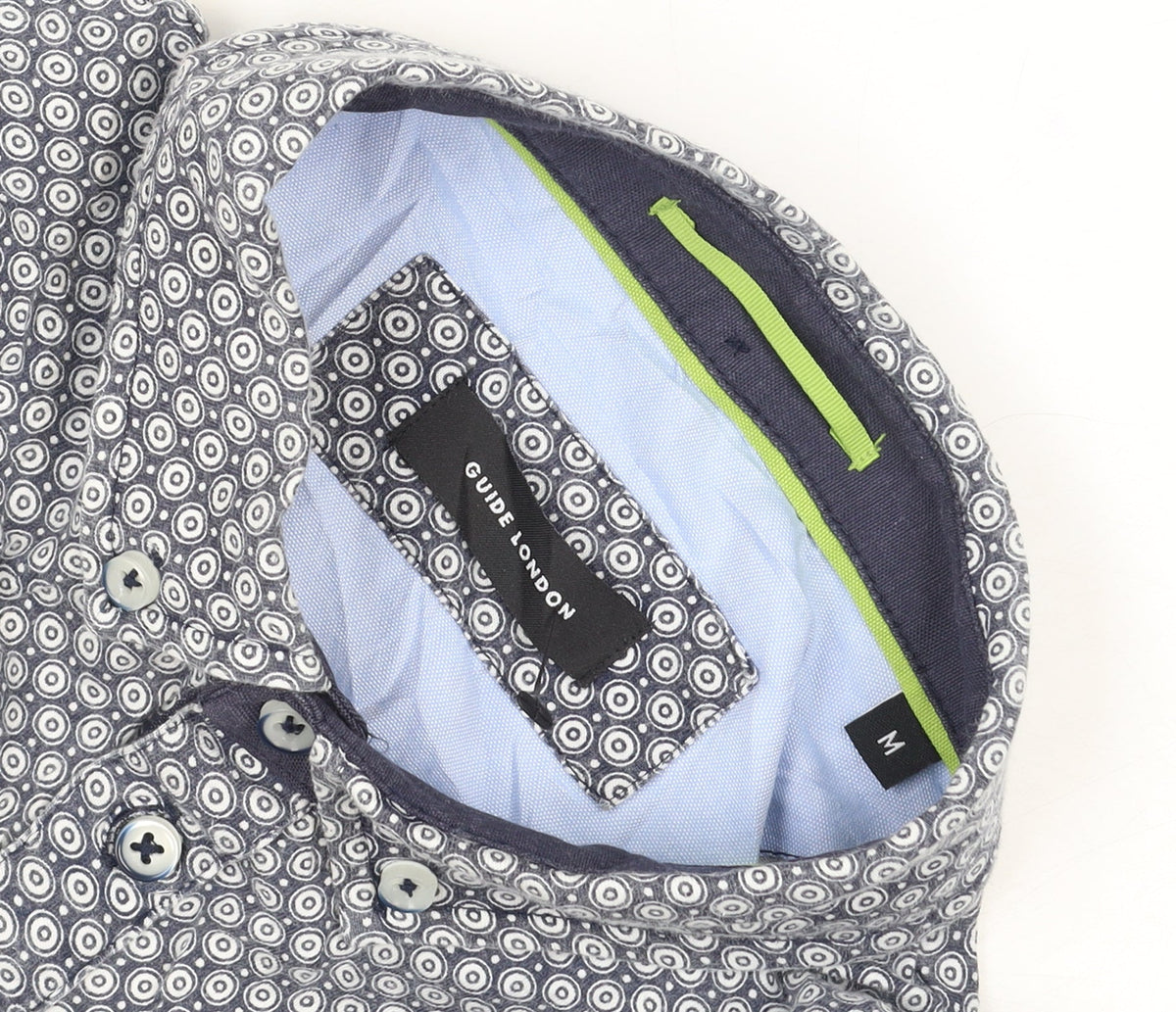 Guide London Men's Blue Geometric Button-Up Short Sleeve Shirt M