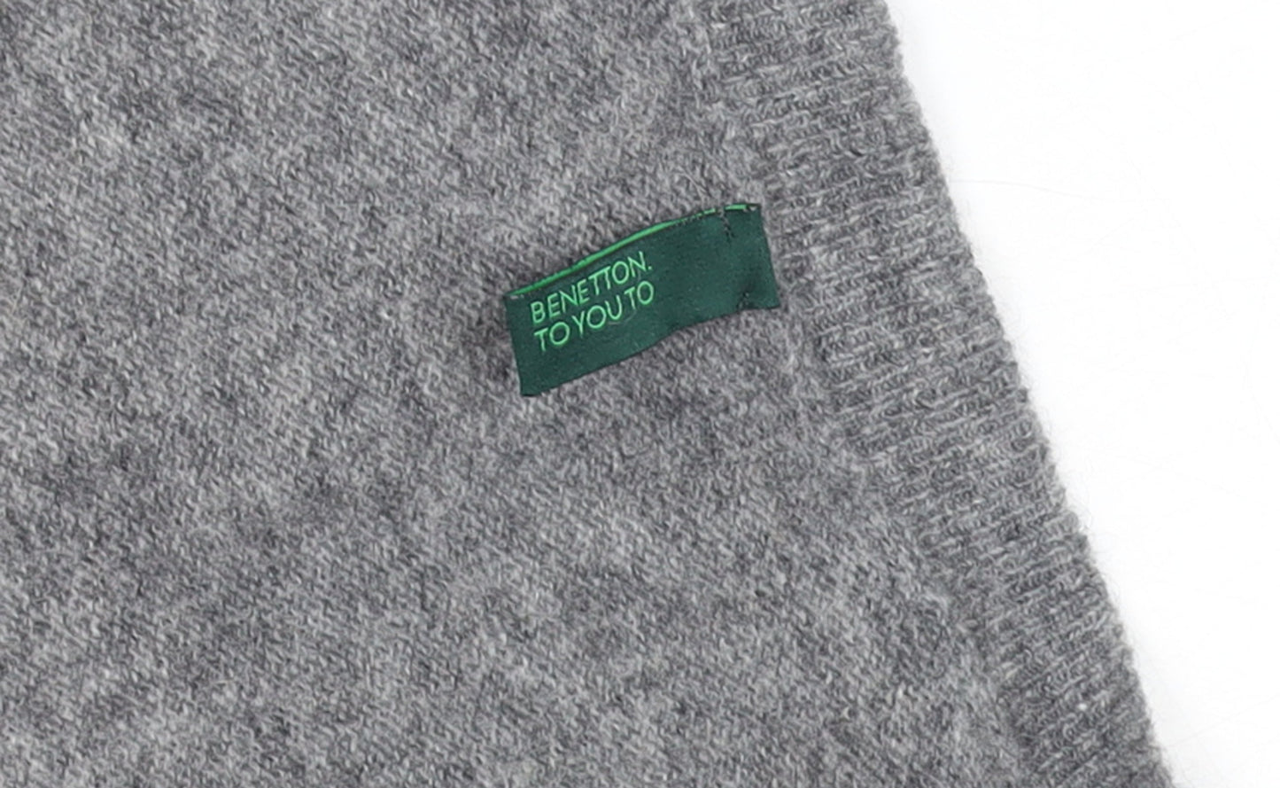 United Colors of Benetton Women Grey Yellow Heart Wool Blend V-Neck Jumper Size M