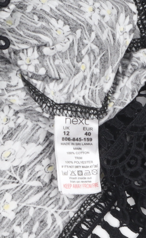 Next Womens Black Floral Crochet Hem Cotton T-Shirt Size 12