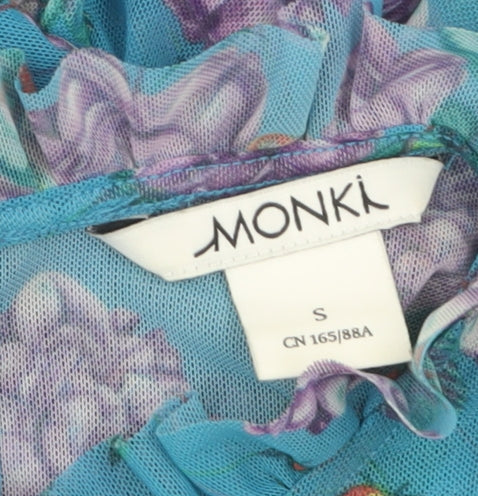 Monki Women’s Blue Floral Mesh Ruffle Long Sleeve Blouse Size S