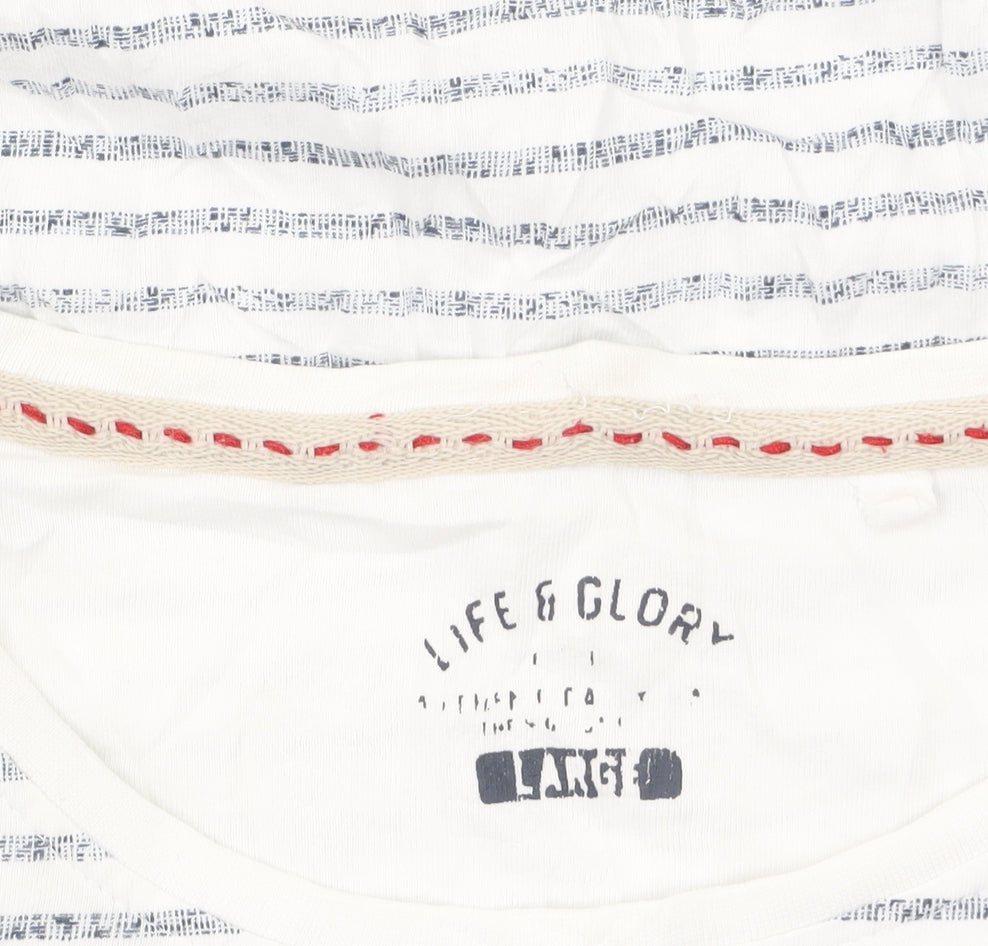 Life & Glory Men's White Striped Cotton Crew Neck T-Shirt - Size L