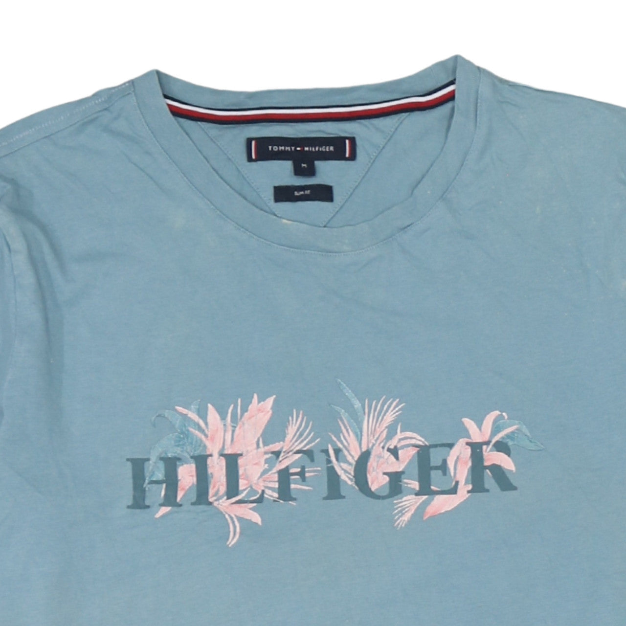 Tommy Hilfiger Men’s Blue Floral Logo Slim Fit Cotton T-Shirt Size M
