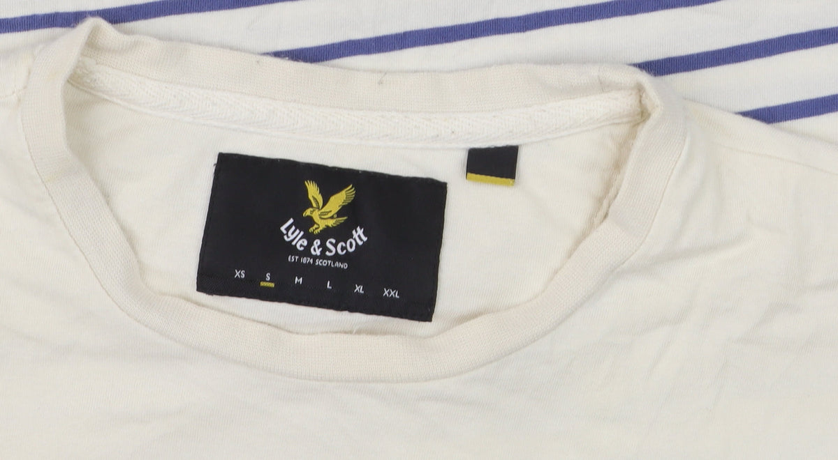 Lyle & Scott Men's Beige Blue Striped Cotton Crew Neck T-Shirt Size M