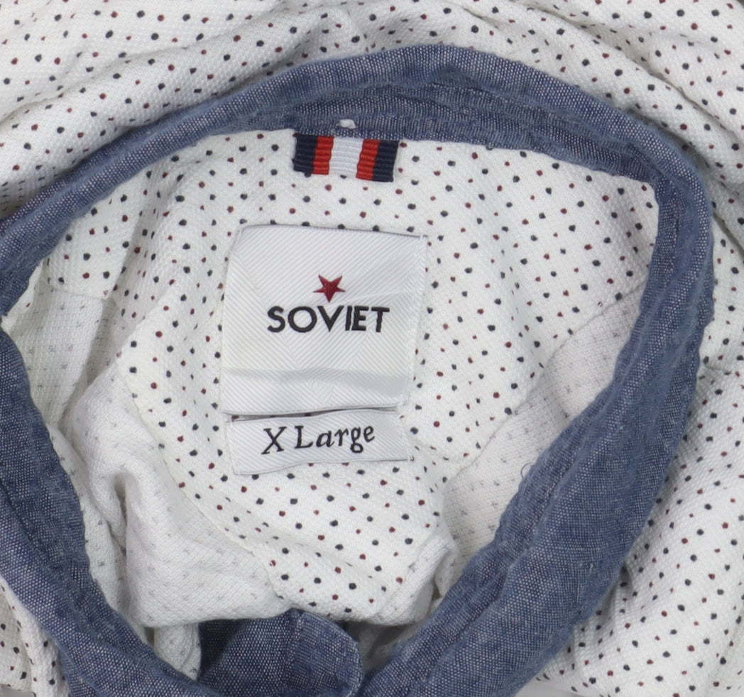 Soviet Men’s White Polka Dot Polo Shirt XL Button-Down Collar