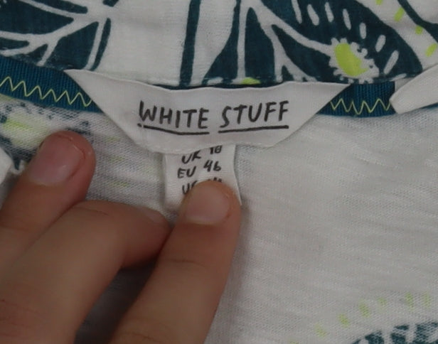 White Stuff Women White Floral Cotton Short Sleeve Button-Up Shirt Size 18