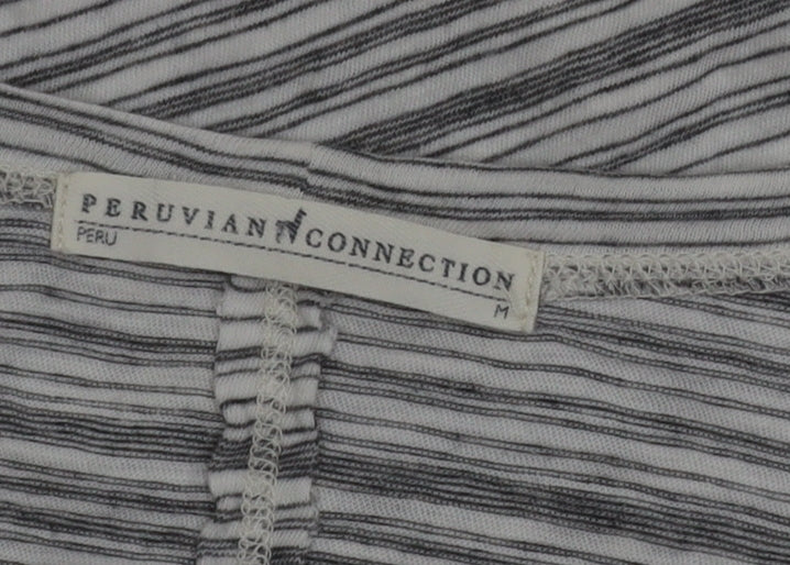 Peruvian Connection Women’s Grey Striped Embroidered Cotton Long Sleeve Top M