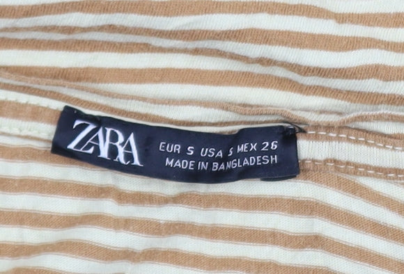 Zara Women Beige Striped Short Sleeve Cotton T-Shirt Size S